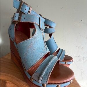 Bed Stu Blue and Brown Leather Wedges